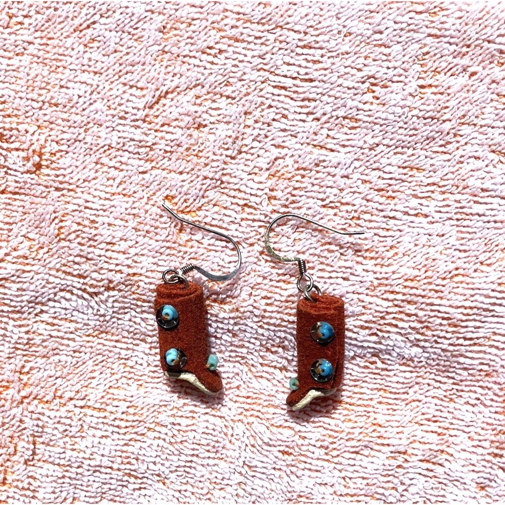 VTG Western Cowboy Boot Earrings Suede/Suede Like Turquoise Accents